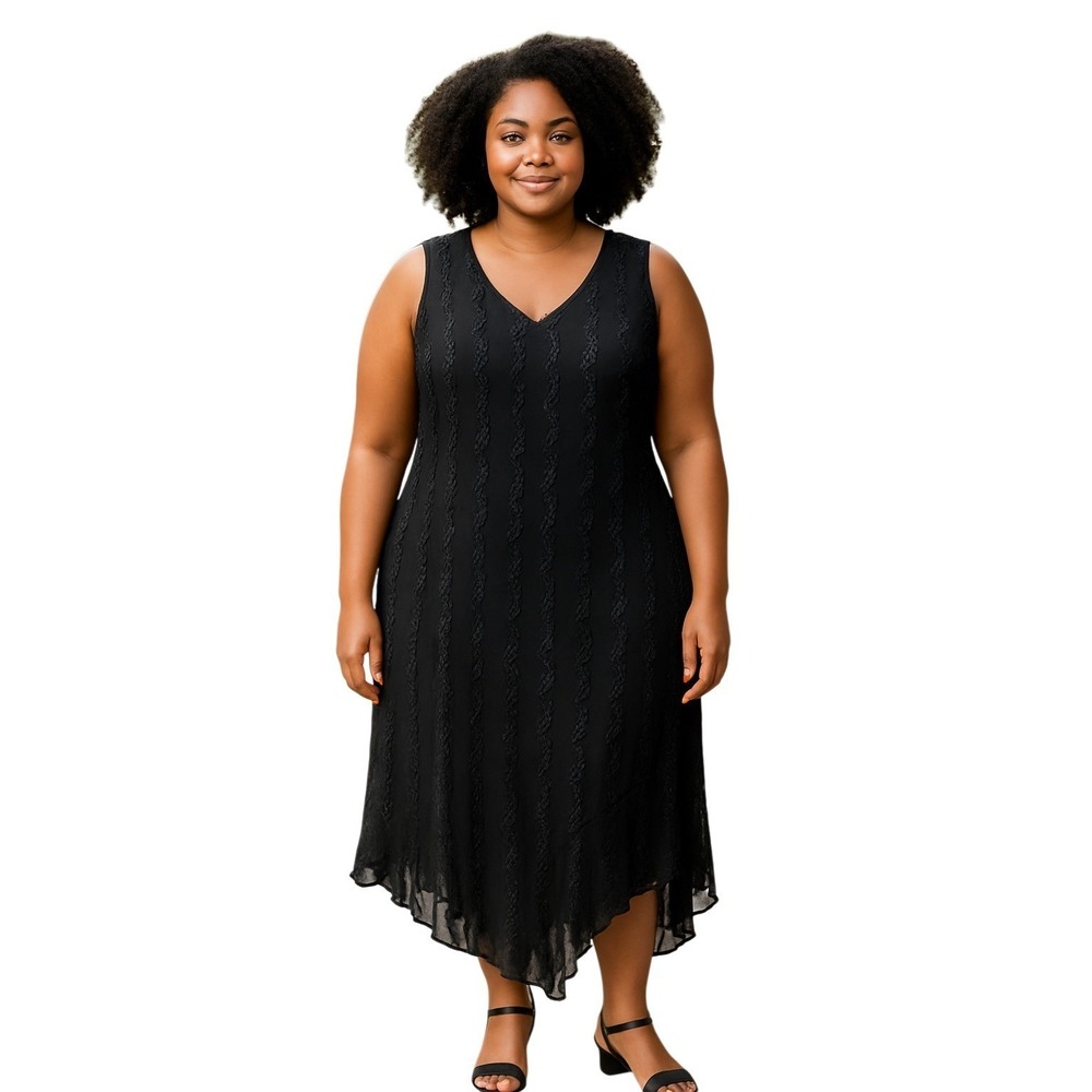 Vintage Fashion Bug Black Textured Sleeveless Asymmetric Hem Midi Dress Size‎ 16